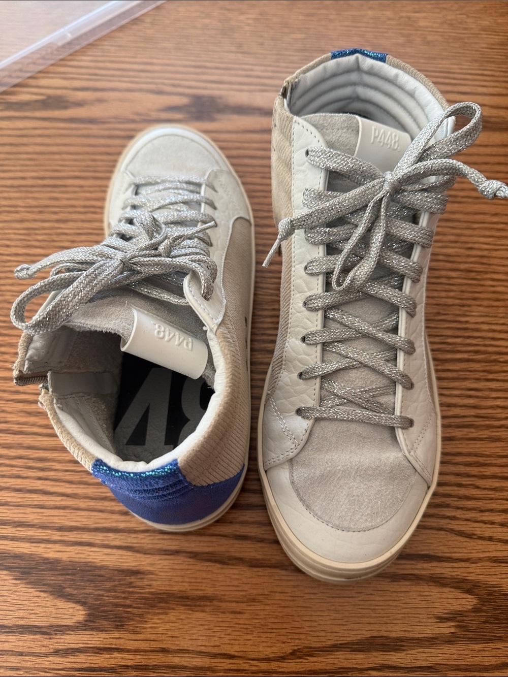 P448 Beige and Blue Shine High-Top Sneakers